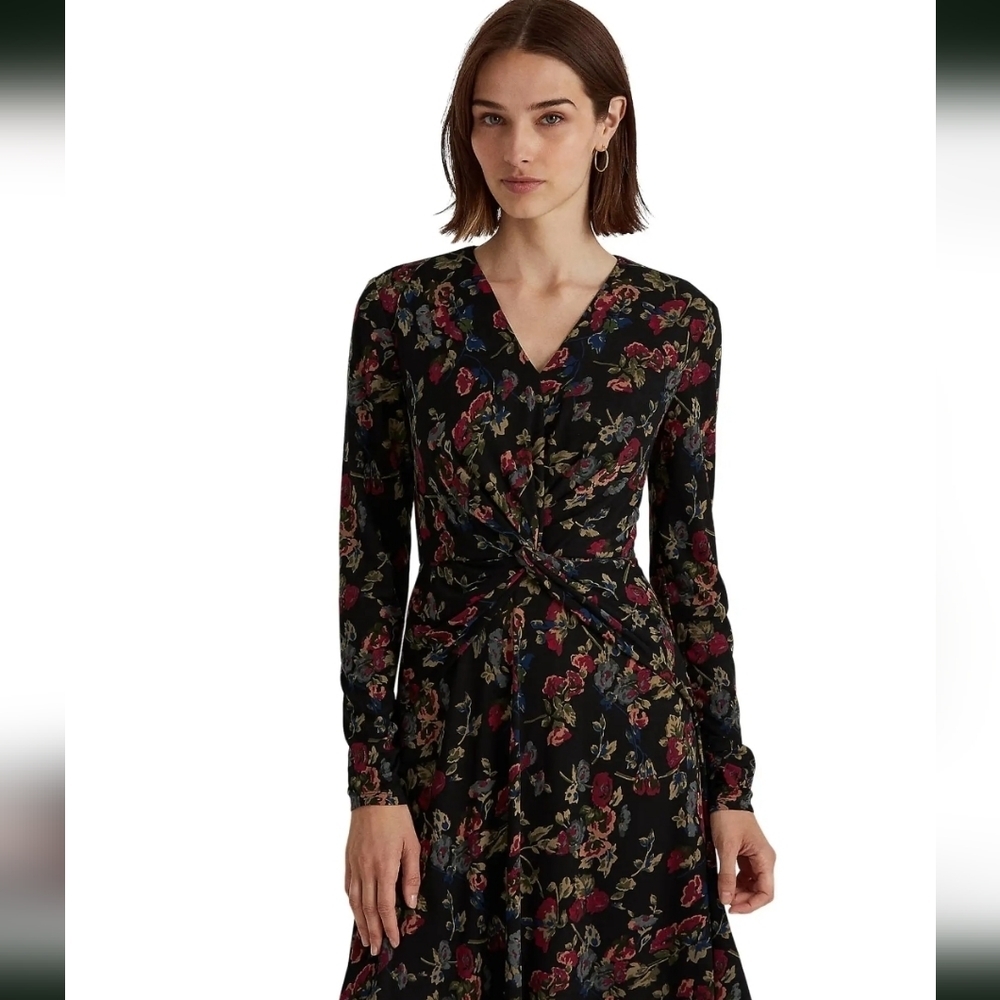 Lauren Ralph Lauren Floral Surplice Jersey Dress Long Sleeve Midi